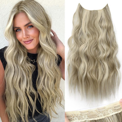 Picture of KooKaStyle Invisible Wire Hair Extensions with Transparent Headband Adjustable Size 4 Secure Clips Long Wavy Secret Wire Hairpiece Ash Brown/Platinum Blonde 20 Inch for Women