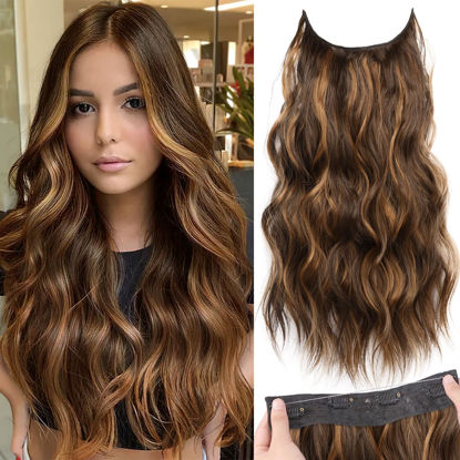 Picture of KooKaStyle Invisible Wire Hair Extensions with Transparent Headband Adjustable Size 4 Secure Clips Long Wavy Secret Wire Hairpiece 20 Inch Medium Brown to Caramel Blonde for Women