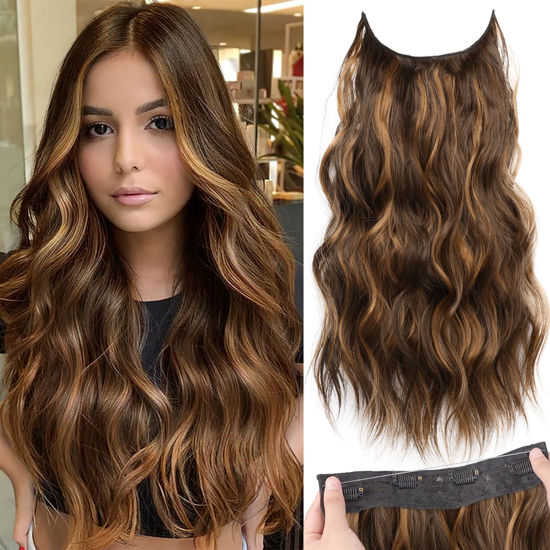 Picture of KooKaStyle Invisible Wire Hair Extensions with Transparent Headband Adjustable Size 4 Secure Clips Long Wavy Secret Wire Hairpiece 20 Inch Medium Brown to Caramel Blonde for Women