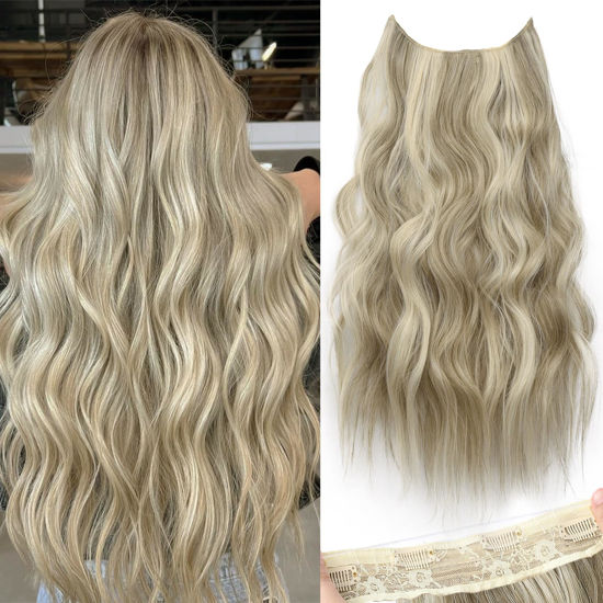 Picture of KooKaStyle Invisible Wire Hair Extensions with Transparent Headband Adjustable Size 4 Secure Clips Long Wavy Secret Wire Hairpiece 24 Inch for Women (Ash Brown mix Platinum Blonde)