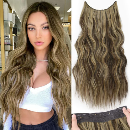 Picture of KooKaStyle Invisible Wire Hair Extensions with Transparent Headband Adjustable Size 4 Secure Clips Long Wavy Secret Wire Hairpiece 20 Inch Honey Blonde/Dark Brown for Women