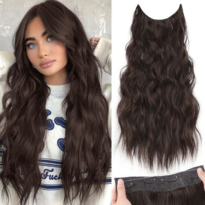 Picture of KooKaStyle Invisible Wire Hair Extensions with Transparent Headband Adjustable Size 4 Secure Clips Long Wavy Secret Wire Hairpiece 24 Inch Reddish Chocolate Brown for Women