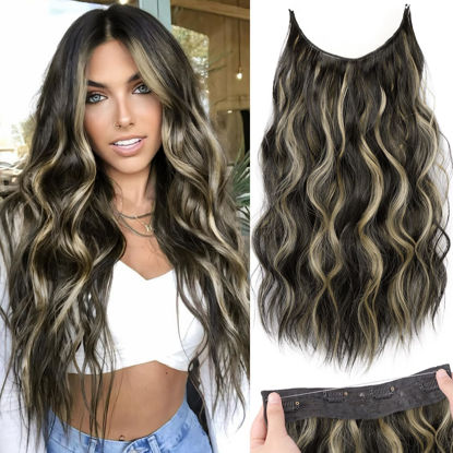 Picture of KooKaStyle Invisible Wire Hair Extensions with Transparent Headband Adjustable Size 4 Secure Clips Long Wavy Secret Wire Hairpiece 20 Inch Black with Blonde Highlights for Women