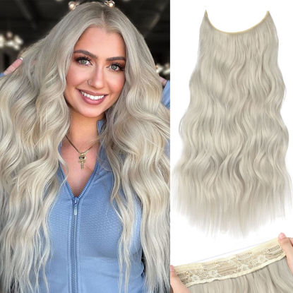 Picture of KooKaStyle Invisible Wire Hair Extensions with Transparent Wire Headband Adjustable Size 4 Secure Clips Silver Grey Blonde Long Wavy Hairpiece for Women