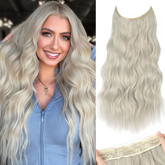 Picture of KooKaStyle Invisible Wire Hair Extensions with Transparent Wire Headband Adjustable Size 4 Secure Clips Silver Grey Blonde Long Wavy Hairpiece for Women