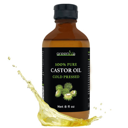Picture of GreenIVe Castor Oil Organically Grown 100% Pure 8oz Glass Bottle Cold Pressed, Hexane Free, Eyelash and Eybrow Growth Serum, Skin Moisturizer Detox and Wraps