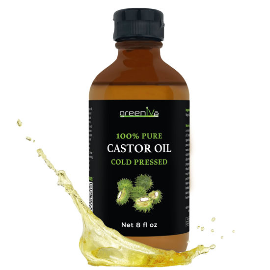 Picture of GreenIVe Castor Oil Organically Grown 100% Pure 8oz Glass Bottle Cold Pressed, Hexane Free, Eyelash and Eybrow Growth Serum, Skin Moisturizer Detox and Wraps