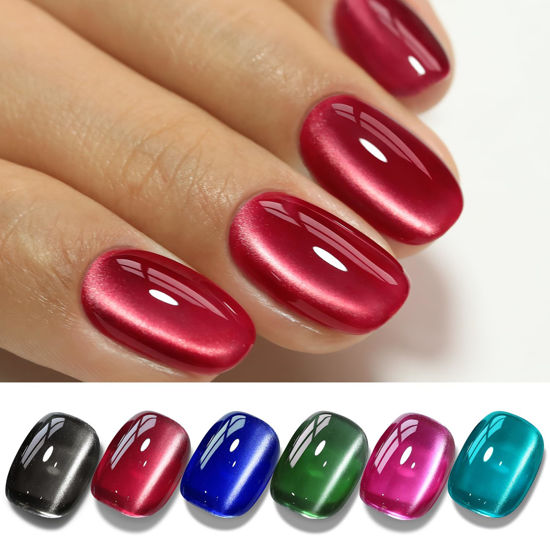 Picture of Double Rhythm Cat Eye Gel Nail Polish Set of 6 Colors Shimmer Glitter with Magnet 9D Holographic Reflective Magnetic UV Nail Polish Kit (Silk Black Red Blue Green Pink Teal-Kit 41)
