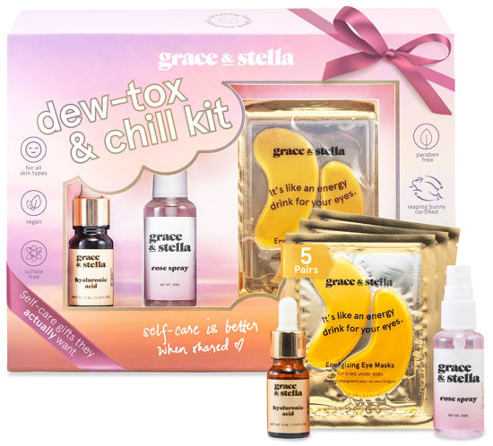 Picture of grace & stella Dew-Tox & Chill Skin Care Set - Hydrating Skincare Set With Eye Masks, Hyaluronic Acid Serum, & Rose Water Face Mist - Vegan Cruelty Free Bridesmaid Gifts, Birthday Gifts for Women