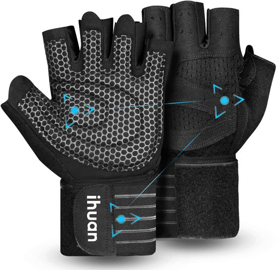 Picture of ihuan Ventilated Weight Lifting Gym Workout Gloves with Wrist Wrap Support for Men & Women, Full Palm Protection, for Weightlifting, Training, Fitness, Hanging, Pull ups