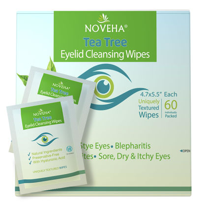 Picture of NOVEHA 60PCs Tea Tree Oil Eyelid & Lash Wipes | With Hyaluronic Acid, Green Tea & Chamomile For Blepharitis, Itchy & Stye Eyes, Individually Wrapped, Natural Eyelash Makeup Remover & Daily Cleanser