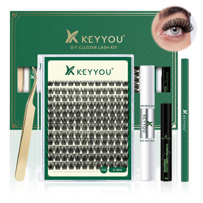 Picture of DIY Lash Extension Kit KEYYOU 144pcs Lash Clusters Eyelash Extension Kit with Mascara Brush Bond and Seal Lash Glue Remover Lash Applicators Lash Brush Clean Pad for DIY Lash Extensions (Y01 Kit)
