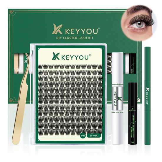 Picture of DIY Lash Extension Kit KEYYOU 144pcs Lash Clusters Eyelash Extension Kit with Mascara Brush Bond and Seal Lash Glue Remover Lash Applicators Lash Brush Clean Pad for DIY Lash Extensions (Y01 Kit)