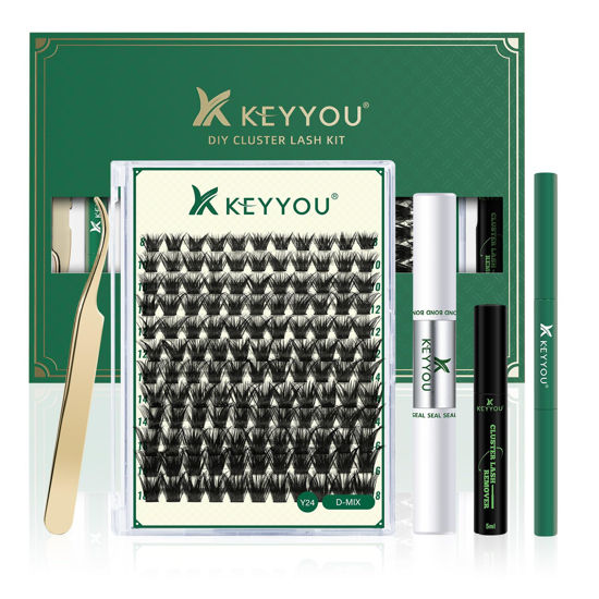 Picture of DIY Lash Extension Kit KEYYOU 144pcs Lash Clusters Eyelash Extension Kit with Mascara Brush Bond and Seal Lash Glue Remover Lash Applicators Lash Brush Clean Pad for DIY Lash Extensions (Y24 Kit)