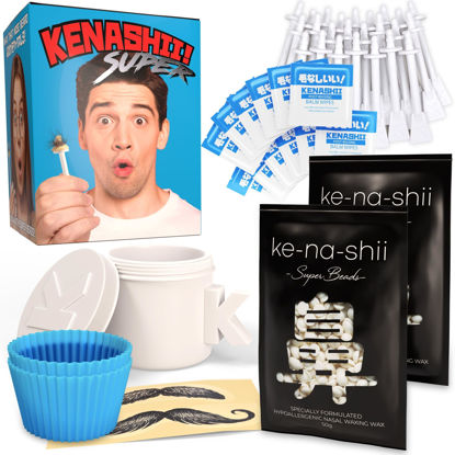 Picture of Kenashii Super Nose Waxing Kit | 100g Wax, 24 Applicators | No Microwave Required | Ear Hair Removal | For Men and Women | 12 Balm Wipes, Mustache Guards, Storage Bag