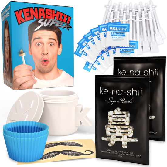Picture of Kenashii Super Nose Waxing Kit | 100g Wax, 24 Applicators | No Microwave Required | Ear Hair Removal | For Men and Women | 12 Balm Wipes, Mustache Guards, Storage Bag