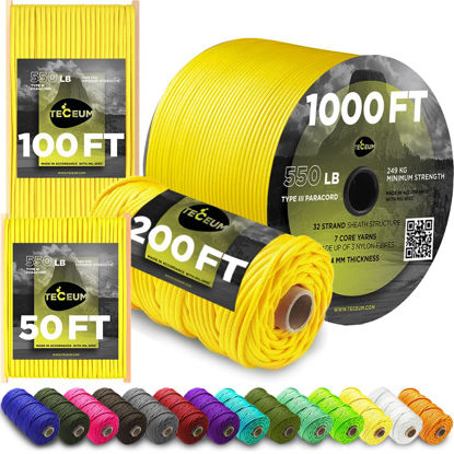 Picture of TECEUM Paracord Type III 550 Yellow Pastel - 200 ft - 4mm - Tactical Rope MIL-SPEC - Outdoor para Cord - Camping Hiking Fishing Gear - EDC Parachute Cord - Strong Survival Rope 419