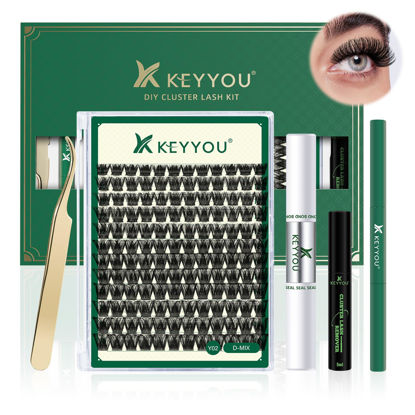 Picture of DIY Lash Extension Kit KEYYOU 144pcs Lash Clusters Eyelash Extension Kit with Mascara Brush Bond and Seal Lash Glue Remover Lash Applicators Lash Brush Clean Pad for DIY Lash Extensions (Y02 Kit)