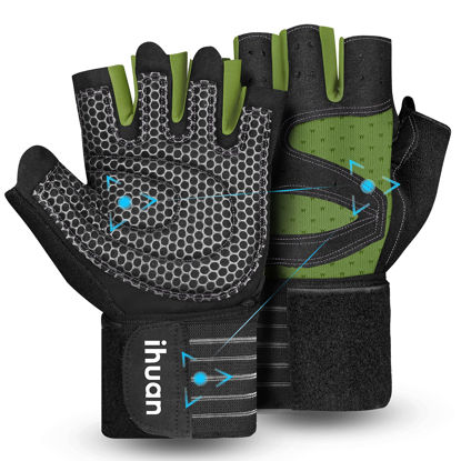 Picture of ihuan Ventilated Weight Lifting Gym Workout Gloves with Wrist Wrap Support for Men & Women, Full Palm Protection, for Weightlifting, Training, Fitness, Hanging, Pull ups (Dark green, M)