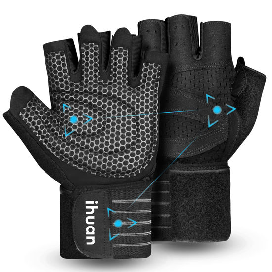 Picture of ihuan Ventilated Weight Lifting Gym Workout Gloves with Wrist Wrap Support for Men & Women, Full Palm Protection, for Weightlifting, Training, Fitness, Hanging, Pull ups