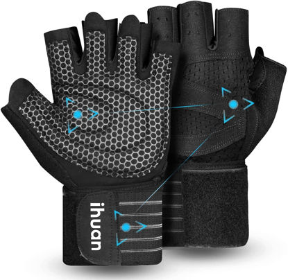 Picture of ihuan Ventilated Weight Lifting Gym Workout Gloves with Wrist Wrap Support for Men & Women, Full Palm Protection, for Weightlifting, Training, Fitness, Hanging, Pull ups