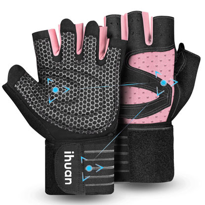 Picture of ihuan Ventilated Weight Lifting Gym Workout Gloves with Wrist Wrap Support for Men & Women, Full Palm Protection, for Weightlifting, Training, Climbing Fitness, Hanging, Pull ups
