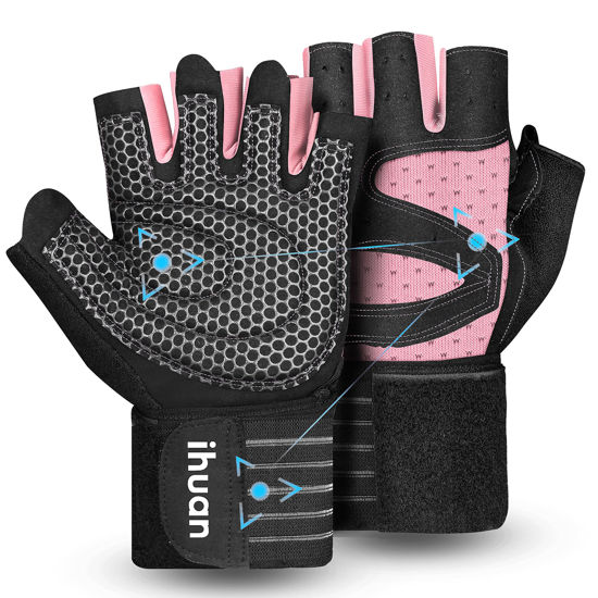 Picture of ihuan Ventilated Weight Lifting Gym Workout Gloves with Wrist Wrap Support for Men & Women, Full Palm Protection, for Weightlifting, Training, Climbing Fitness, Hanging, Pull ups