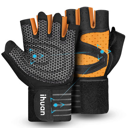 Picture of ihuan Ventilated Weight Lifting Gym Workout Gloves with Wrist Wrap Support for Men & Women, Full Palm Protection, for Weightlifting, Training, Fitness, Hanging, Pull ups (Orange, S)