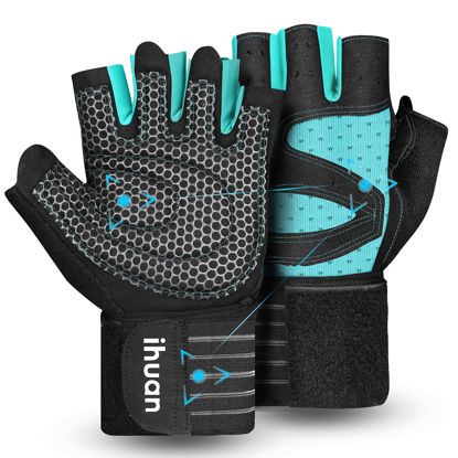 Picture of ihuan Ventilated Weight Lifting Gym Workout Gloves Full Finger with Wrist Wrap Support for Men & Women, Full Palm Protection, for Weightlifting, Training, Fitness, Hanging, Pull ups