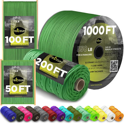 Picture of TECEUM Paracord Type III 550 Green - 200 ft - 4mm - Tactical Rope MIL-SPEC - Outdoor para Cord - Camping Hiking Fishing Gear - EDC Parachute Cord - Strong Survival Rope 025