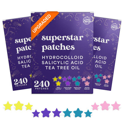 Picture of LivaClean 720 CT (3 Pack of 240) Superstar Pimple Patches for Face - Salicylic Acid & Tea Tree, Hydrocolloid Acne Patches, Pimple Patches Star Cute Zit Patches - 3 Sizes