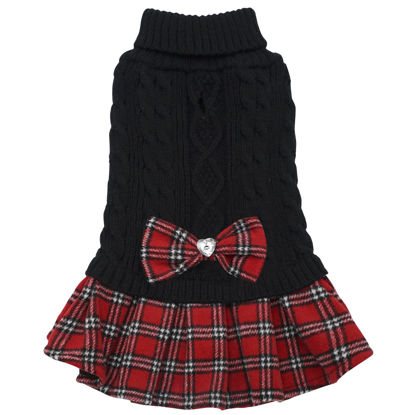 Picture of KYEESE Dog Sweater Dress Bowtie Checkered Turtleneck Dog Sweaters for Small Dogs Warm Pet Sweater Black