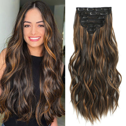 Picture of Fliace Highlight balayage dark brown Hairpieces, Natural & Blends Well Clip in Hair Extensions (20inch, 6pcs, Dark roasted coffee & Caraamel brown)