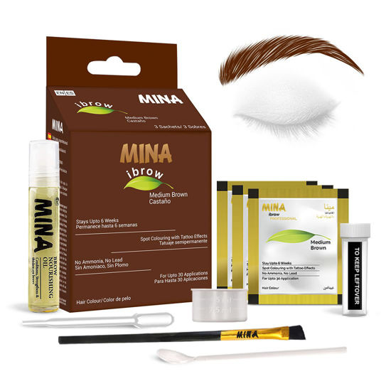 Picture of MinaiBrow Tint Kit (Medium Brown) - Natural Spot Coloring Brow Tinting Powder with Oil & Brush - Water & Smudge Proof Instant Brow Dye Kit - 100% Gray Converge - Vegan and Cruelty-Free