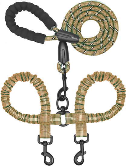 Picture of iYoShop Dual Dog Leash, Double Dog Leash, 360 Swivel No Tangle Walking Leash, Shock Absorbing Bungee for Two Dogs, Khaki, Large (25-150 lbs)