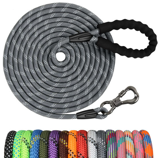 Picture of NTR Long Dog Leash, 20FT Check Cord with Swivel Lockable Hook and Comfortable Padded Handle for Reflective Dog Leash for Small Medium and Large Dogs Walking Training Hiking Camping Playing Grey