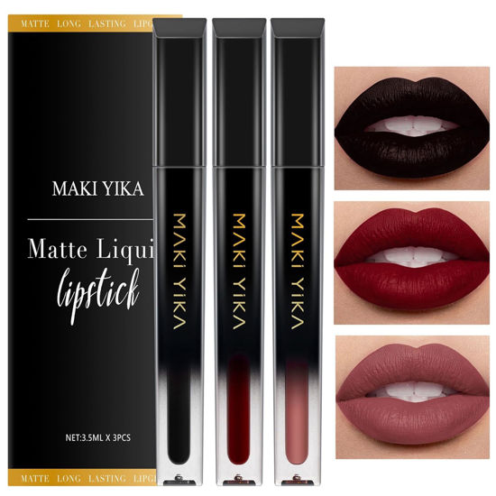 Picture of MAKI YIKA 3Pcs Matte Liquid Lipstick Makeup Set, Black Dark Red Nude Lipstick Long Lasting Smudge Proof Transfer Proof Lip Makeup |Black/Dark/Red Nude