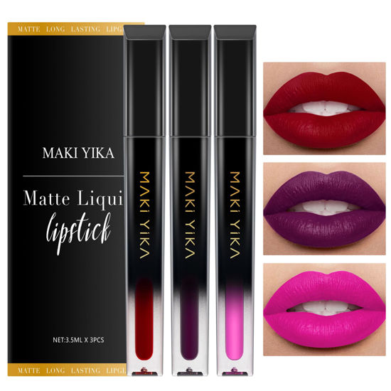 Picture of MAKI YIKA 3Pcs Matte Liquid Lipstick Makeup Set, Red Purple Pink Lipstick Long Lasting, Smudge Proof Non Transfer Lip Makeup