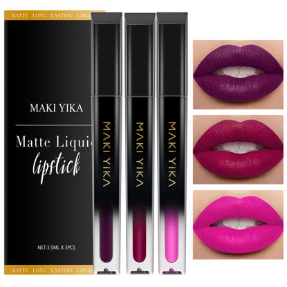 Picture of MAKI YIKA 3Pcs Matte Liquid Lipstick Set, Purple Plum Pink Lipstick Long Lasting Smudge Proof Non Transfer Lip Makeup (Purple+Plum+Pink)