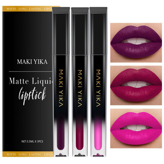 Picture of MAKI YIKA 3Pcs Matte Liquid Lipstick Set, Purple Plum Pink Lipstick Long Lasting Smudge Proof Non Transfer Lip Makeup (Purple+Plum+Pink)