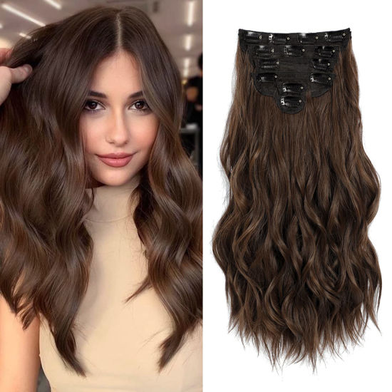 Picture of Fliace Clip in Hair Extensions, Natural & Soft Hair & Blends Well Light Brown Hair Extensions, Long Wavy Hairpieces(20inch, 6pcs, Chocolate Brown)