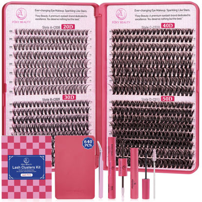 Picture of Lash Clusters,640pcs,Lash Clusters Kit,Natural Lash Extension Kit With Lash Bond and Seal,Remover,Applicator,Cluster Eyelash Extensions Kit,Eyelash Clusters,20D,30D,40D,50D,9-16MM-0.07D,DIY at Home