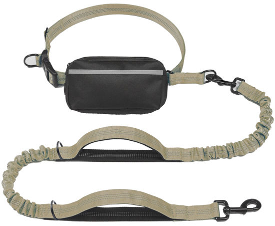 Picture of iYoShop Hands Free Dog Leash with Zipper Pouch, Dual Padded Handles and Durable Bungee for Walking, Jogging and Running Your Dog (Large, 25-120 lbs, Khaki)