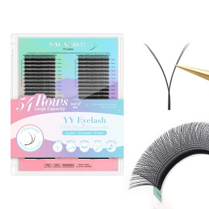 Picture of NAGARAKU YY Eyelash Extensions High Capacity 54 Rows 0.07 D Curl 7-15mm Mix Length Supplies Y Lash 4D Russian Volume Cross YY Eyelashes Handwoven Y Shaped Mesh Technology Wispy Cluster Matte Black