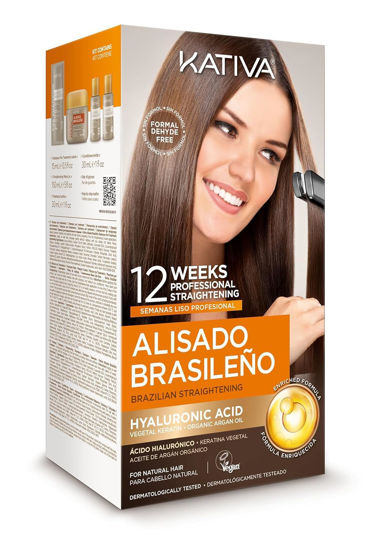 Picture of Kativa Brazilian Straightening Kit, 12 Weeks of Home Use Professional Straightening, with Organic Argan Oil, Shea Butter, Keratin & Amino Acids, for Straighter, Softer and Shinier Hair, All Hair Types