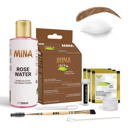 Picture of MinaiBrow Tint Kit Light Brown | Natural Spot Coloring Brow Tinting Powder with Rose water & Duo Angled Brush| Smudge Proof & Instant Brow Dye Kit, 100% Gray Coverage