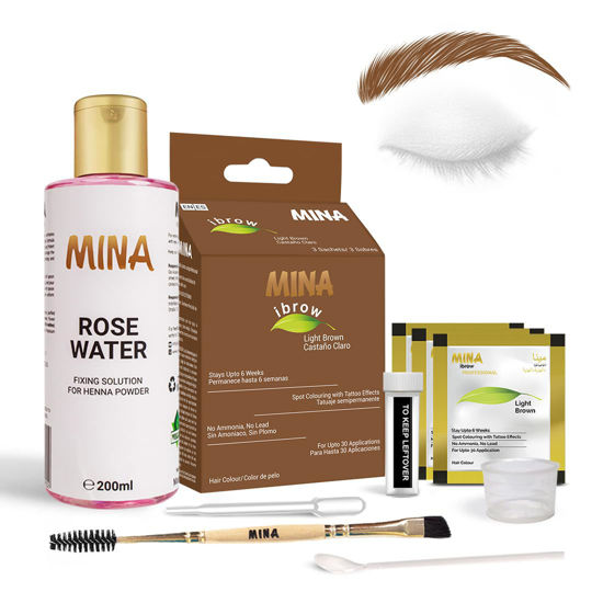 Picture of MinaiBrow Tint Kit Light Brown | Natural Spot Coloring Brow Tinting Powder with Rose water & Duo Angled Brush| Smudge Proof & Instant Brow Dye Kit, 100% Gray Coverage