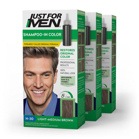 Picture of Just For Men Shampoo-In Color (Formerly Original Formula), Mens Hair Color with Keratin and Vitamin E for Stronger Hair - Light-Medium Brown, H-30, Pack of 3