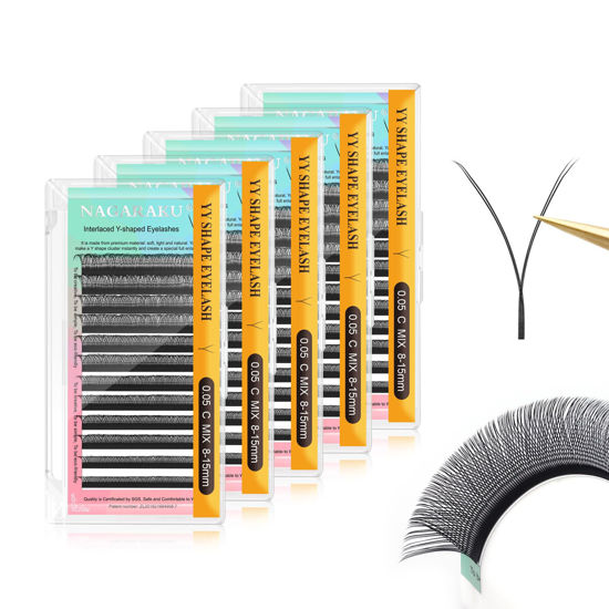 Picture of NAGARAKU 5 Trays yy Eyelash Extensions y lash 0.05mm C 8-15mm Mix Tray in 1 pack Premade 4D Easy Fan Russian Volume Cluster Faux Mink Matte Black 12 rows