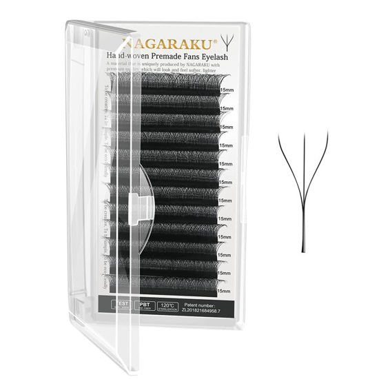 Picture of NAGARAKU 3D W Shape Eyelash Extension 5 Trays in 1 pack Volume 0.07mm C curl 11/12/13/14/15mm Premade Fans Faux Mink Matte Black Cluster Easy Fanning False Lashes